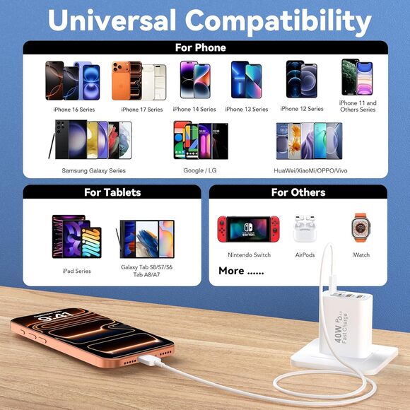 USB C Charger Block 2 Pack 40W Fast Charging 4 Port Wall Plug Power Adapter - Picture 6 of 7